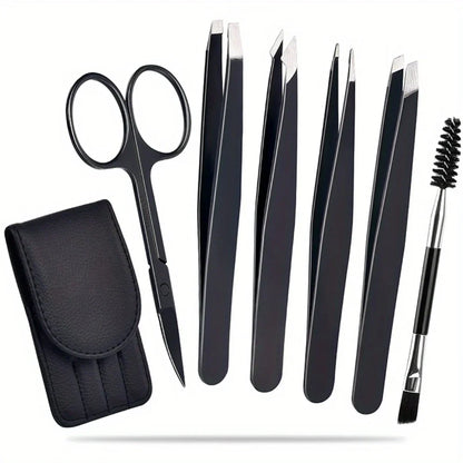Precision Tweezers Set - 6-piece Eyebrow Kit With Travel Case