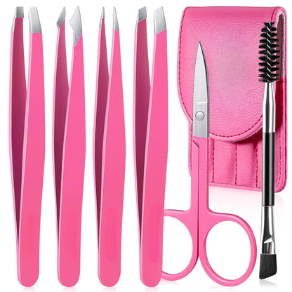 Precision Tweezers Set - 6-piece Eyebrow Kit With Travel Case