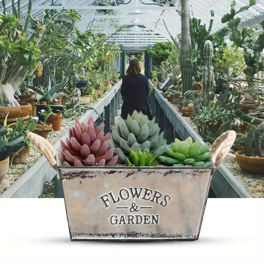 Decorative Metal Flower and Garden Container with Hemp Rope Handles