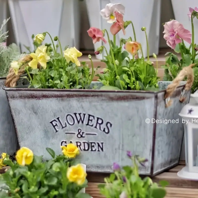 Decorative Metal Flower and Garden Container with Hemp Rope Handles