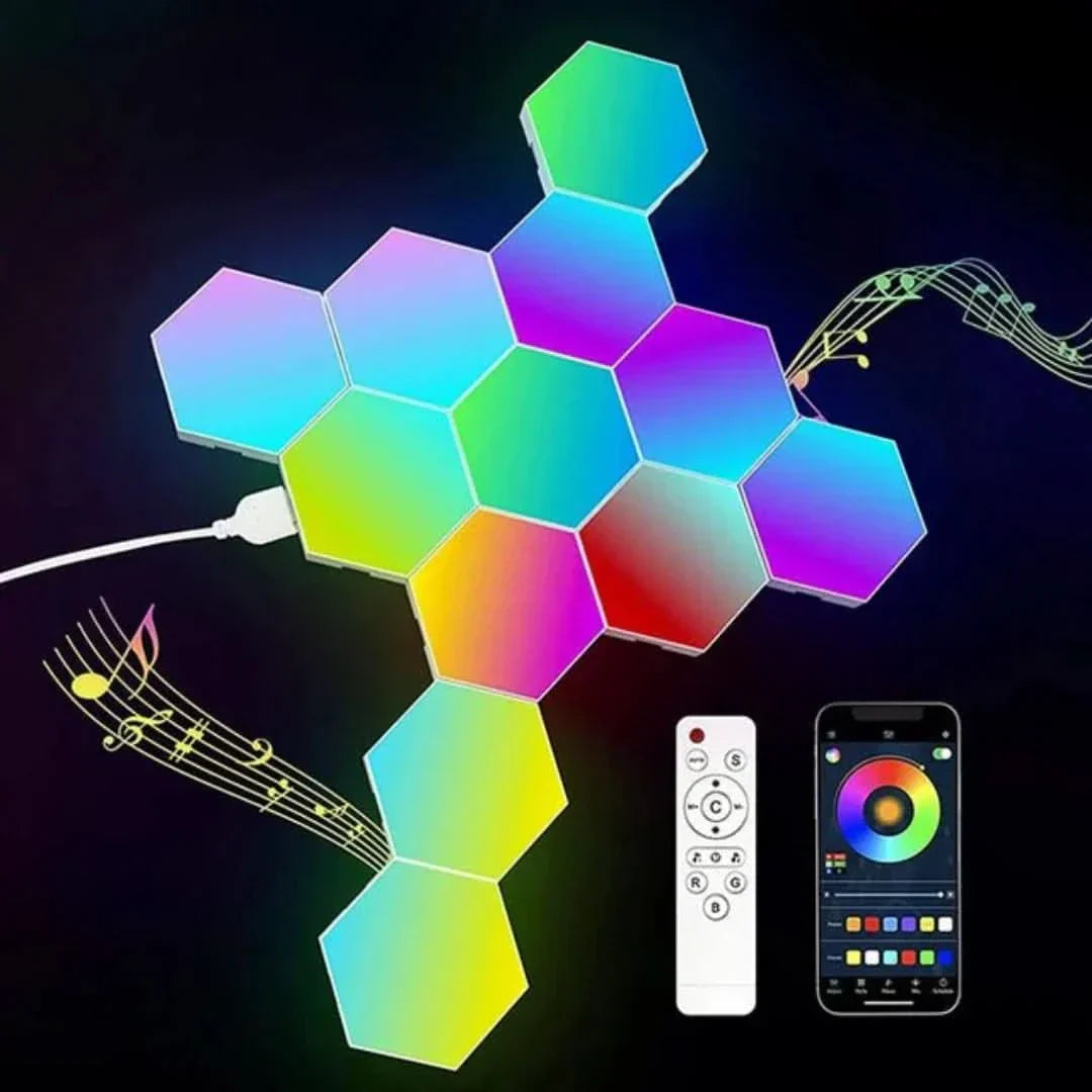 Interactive Hexagonal LED Panels With RGB Colour Control And Music Synchronisation