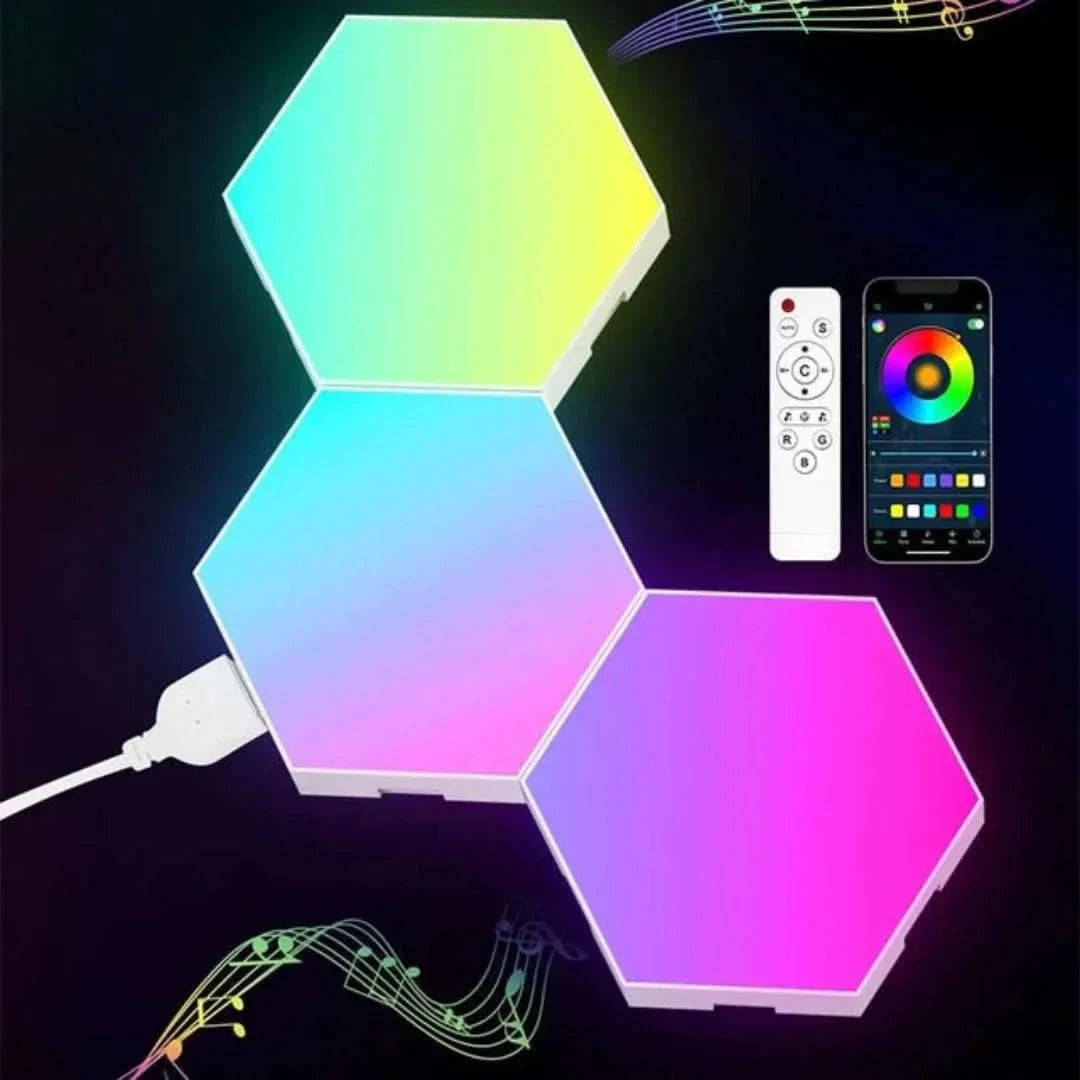 Interactive Hexagonal LED Panels With RGB Colour Control And Music Synchronisation